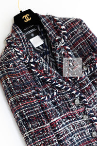 CHANEL 08A Red Navy Cotton Silk Lesage Tweed Jacket Skirt Suit 36 38 シャネル レッド ネイビー コットン シルク ルサージュ ツイード ジャケット スカート スーツ 即発