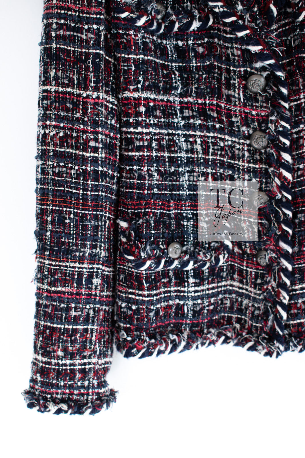 CHANEL 08A Red Navy Cotton Silk Lesage Tweed Jacket Skirt Suit 36 38 シャネル レッド ネイビー コットン シルク ルサージュ ツイード ジャケット スカート スーツ 即発