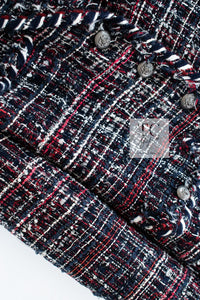 CHANEL 08A Red Navy Cotton Silk Lesage Tweed Jacket Skirt Suit 36 38 シャネル レッド ネイビー コットン シルク ルサージュ ツイード ジャケット スカート スーツ 即発