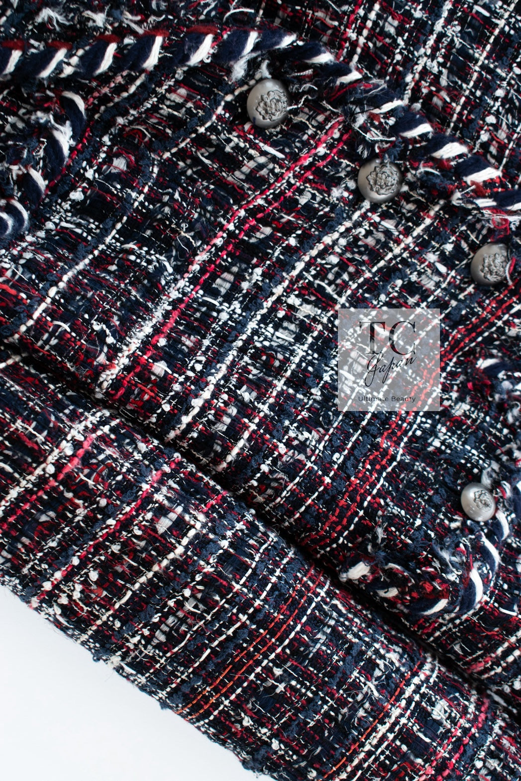 CHANEL 08A Red Navy Cotton Silk Lesage Tweed Jacket Skirt Suit 36 38 シャネル レッド ネイビー コットン シルク ルサージュ ツイード ジャケット スカート スーツ 即発