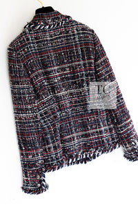 CHANEL 08A Red Navy Cotton Silk Lesage Tweed Jacket Skirt Suit 36 38 シャネル レッド ネイビー コットン シルク ルサージュ ツイード ジャケット スカート スーツ 即発