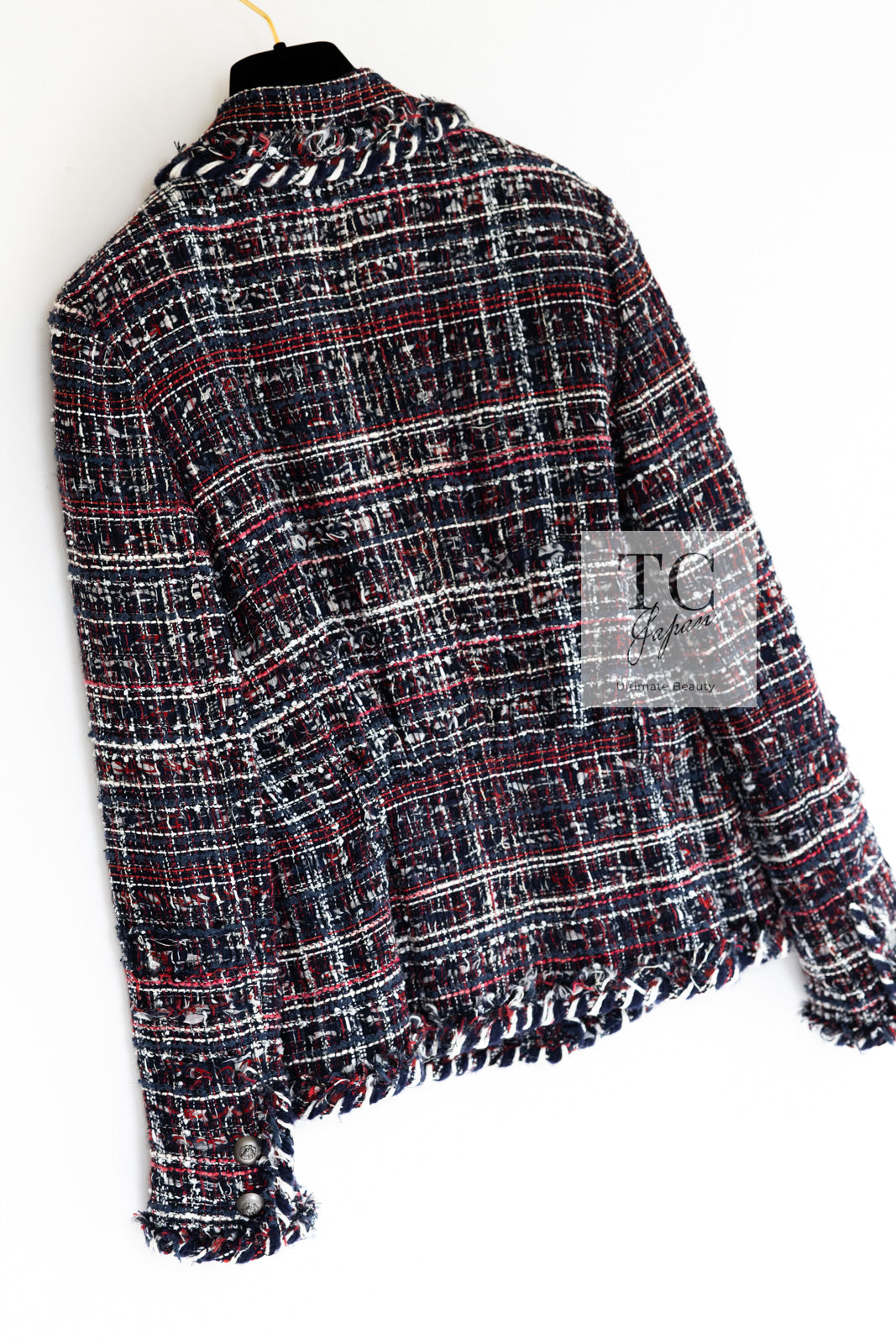 CHANEL 08A Red Navy Cotton Silk Lesage Tweed Jacket Skirt Suit 36 38 シャネル レッド ネイビー コットン シルク ルサージュ ツイード ジャケット スカート スーツ 即発
