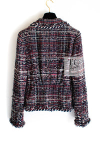 CHANEL 08A Red Navy Cotton Silk Lesage Tweed Jacket Skirt Suit 36 38 シャネル レッド ネイビー コットン シルク ルサージュ ツイード ジャケット スカート スーツ 即発