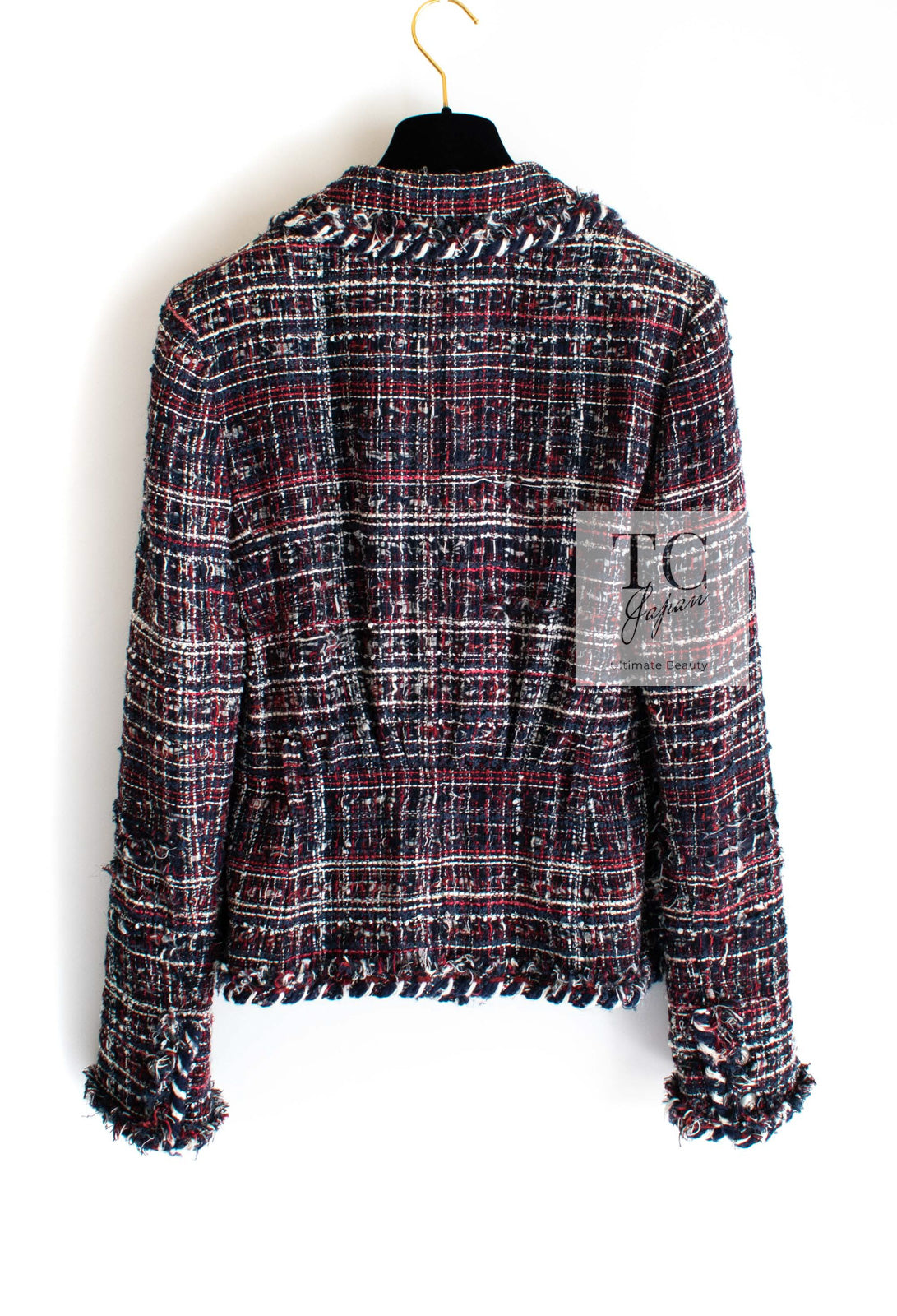 CHANEL 08A Red Navy Cotton Silk Lesage Tweed Jacket Skirt Suit 36 38 シャネル レッド ネイビー コットン シルク ルサージュ ツイード ジャケット スカート スーツ 即発
