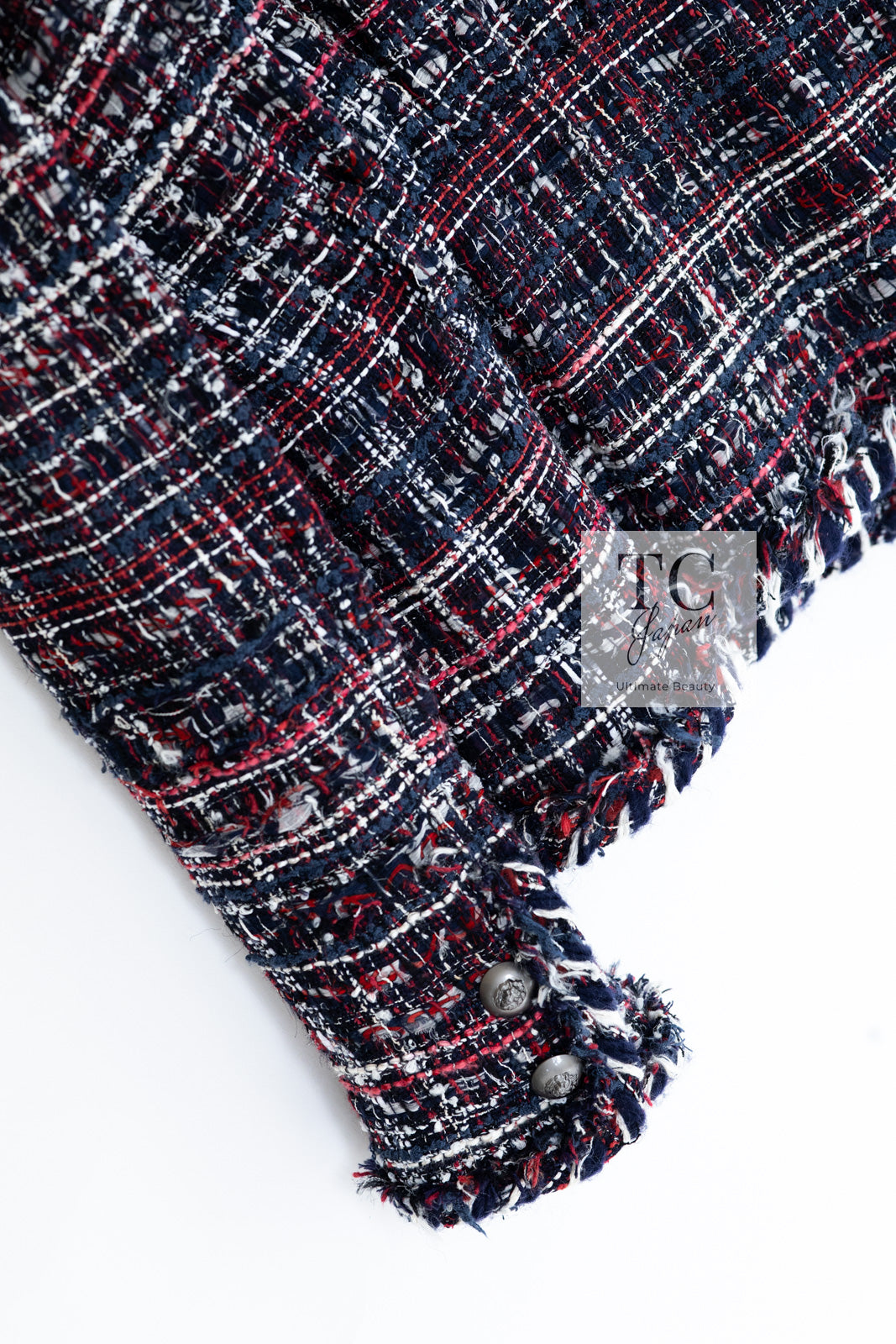 CHANEL 08A Red Navy Cotton Silk Lesage Tweed Jacket Skirt Suit 36 38 シャネル レッド ネイビー コットン シルク ルサージュ ツイード ジャケット スカート スーツ 即発