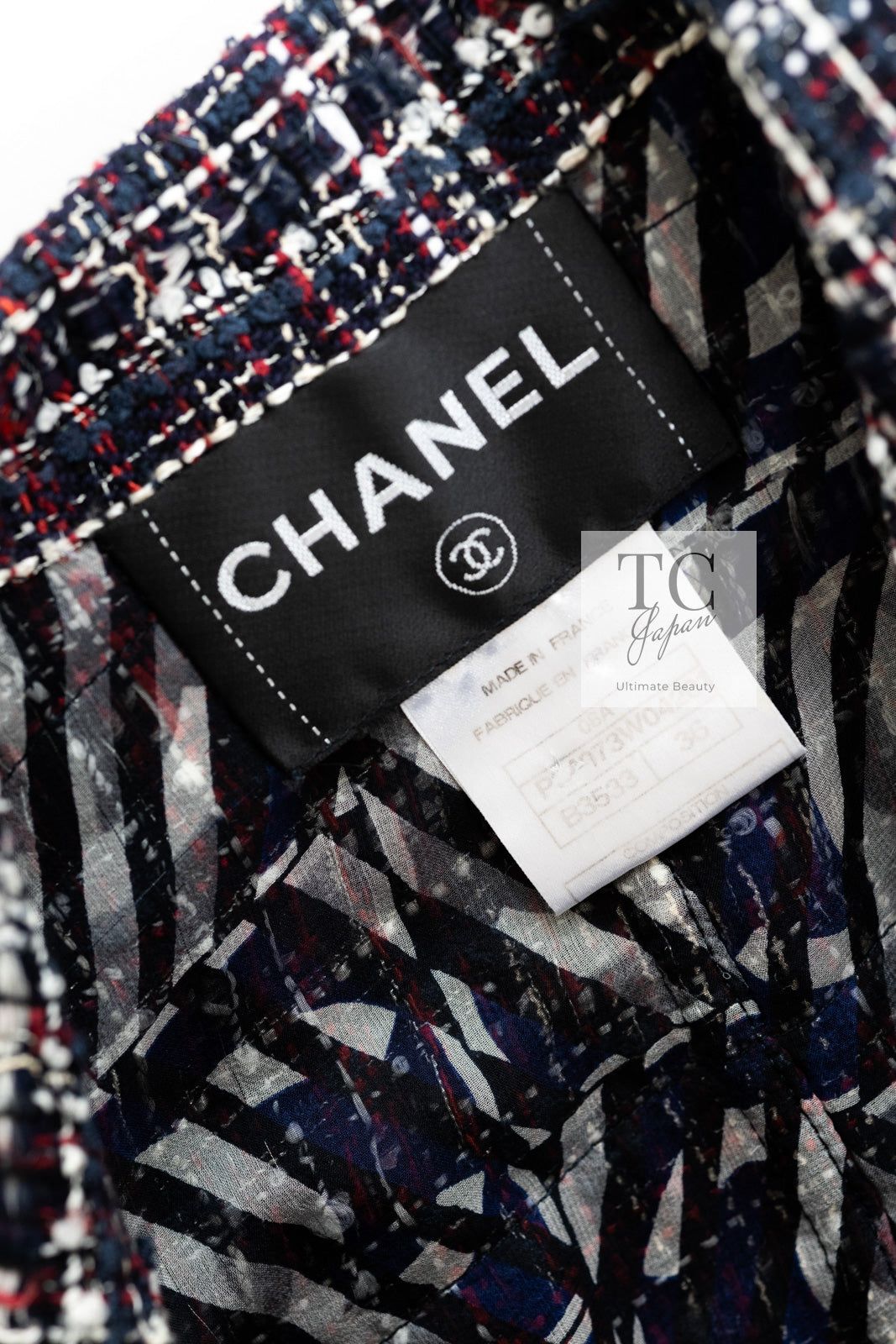 CHANEL 08A Red Navy Cotton Silk Lesage Tweed Jacket Skirt Suit 36 38 シャネル レッド ネイビー コットン シルク ルサージュ ツイード ジャケット スカート スーツ 即発