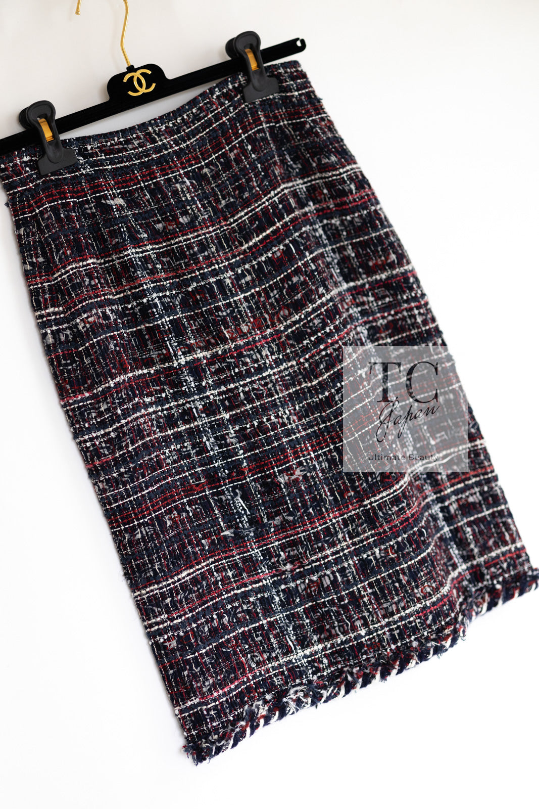 CHANEL 08A Red Navy Cotton Silk Lesage Tweed Jacket Skirt Suit 36 38 シャネル レッド ネイビー コットン シルク ルサージュ ツイード ジャケット スカート スーツ 即発