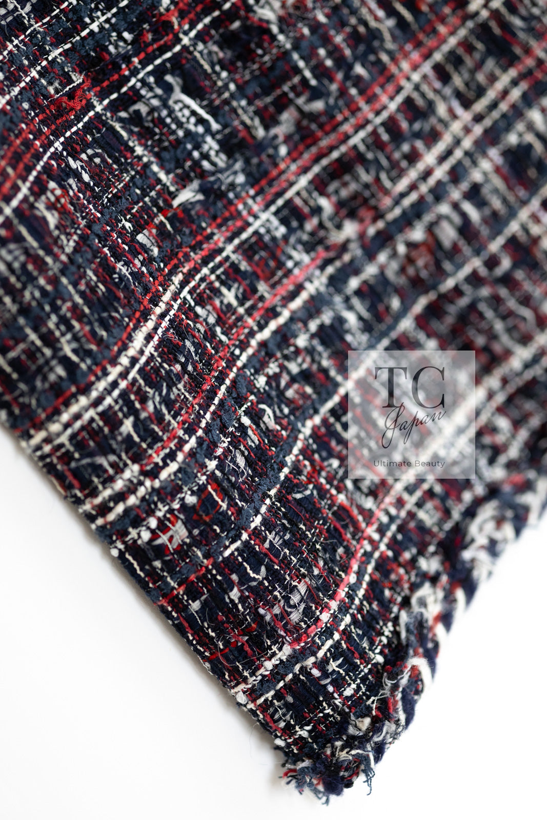 CHANEL 08A Red Navy Cotton Silk Lesage Tweed Jacket Skirt Suit 36 38 シャネル レッド ネイビー コットン シルク ルサージュ ツイード ジャケット スカート スーツ 即発