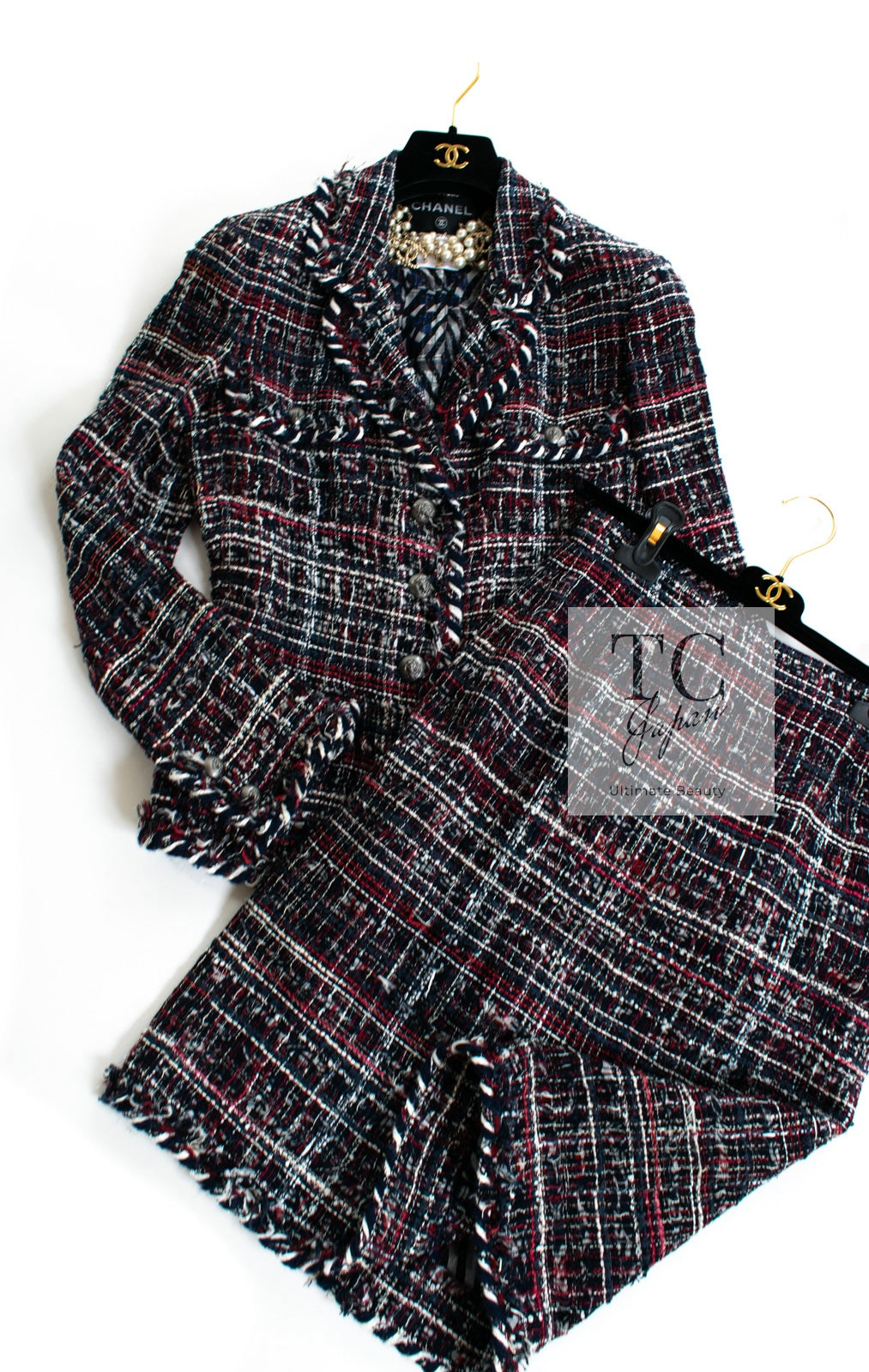 シャネル ジャケット スーツ CHANEL レッド ネイビー コットン シルク ルサージュ ツイード スカート 08A Red Navy Cotton  Silk Lesage Tweed Jacket Skirt Suit – TC JAPAN