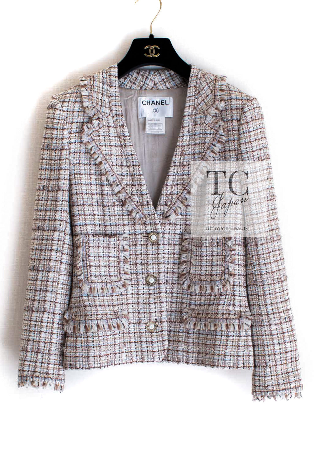 CHANEL 04S Beige Brown Ivory Silk Wool Tweed Jacket 38 シャネル ベージュ ブラウン アイボリー シルク ウール ツイード ジャケット 即発