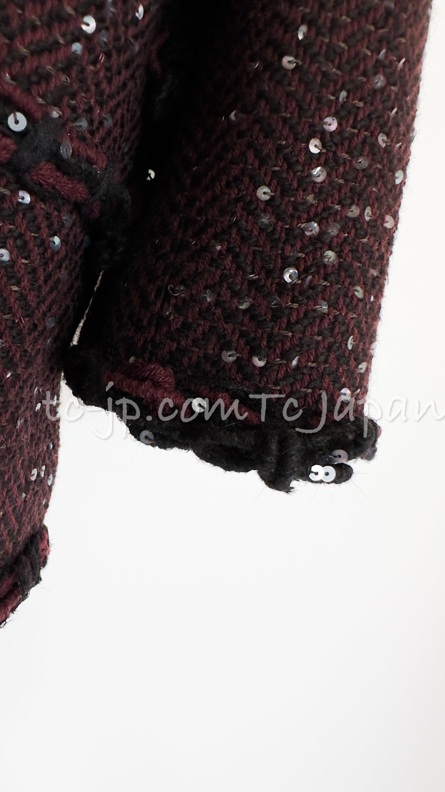 CHANEL 07PF Plum Burgundy Sequin Tweed Jacket Coat Skirt Suit 38 40 シャネル プラム バーガンディー スパンコール ツイード ジャケット コート スカート スーツ 即発