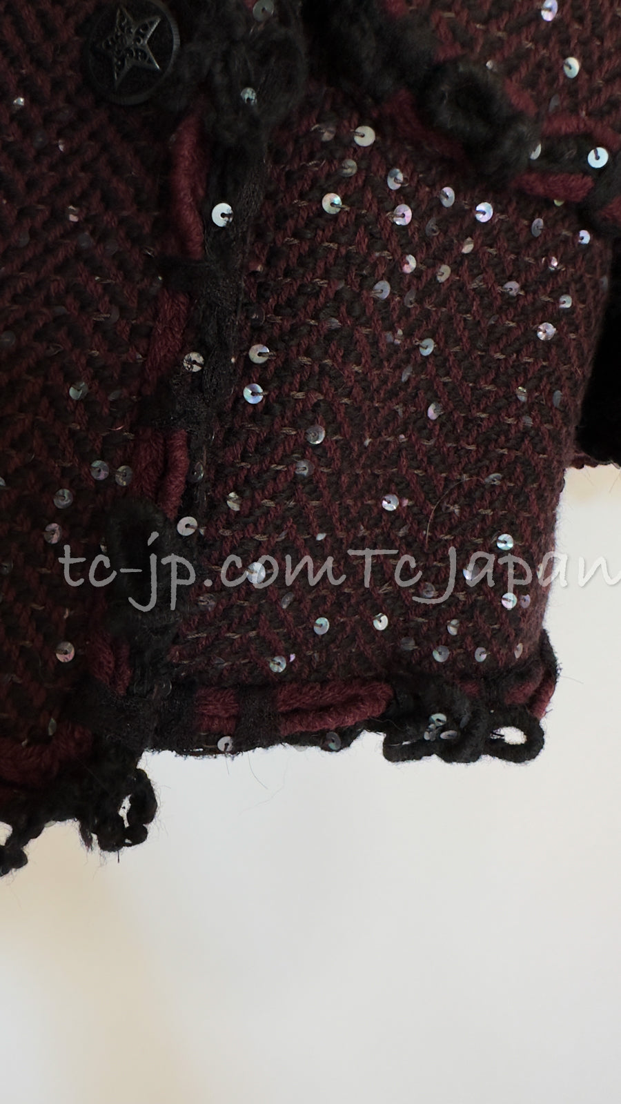 CHANEL 07PF Plum Burgundy Sequin Tweed Jacket Coat Skirt Suit 38 40 シャネル プラム バーガンディー スパンコール ツイード ジャケット コート スカート スーツ 即発