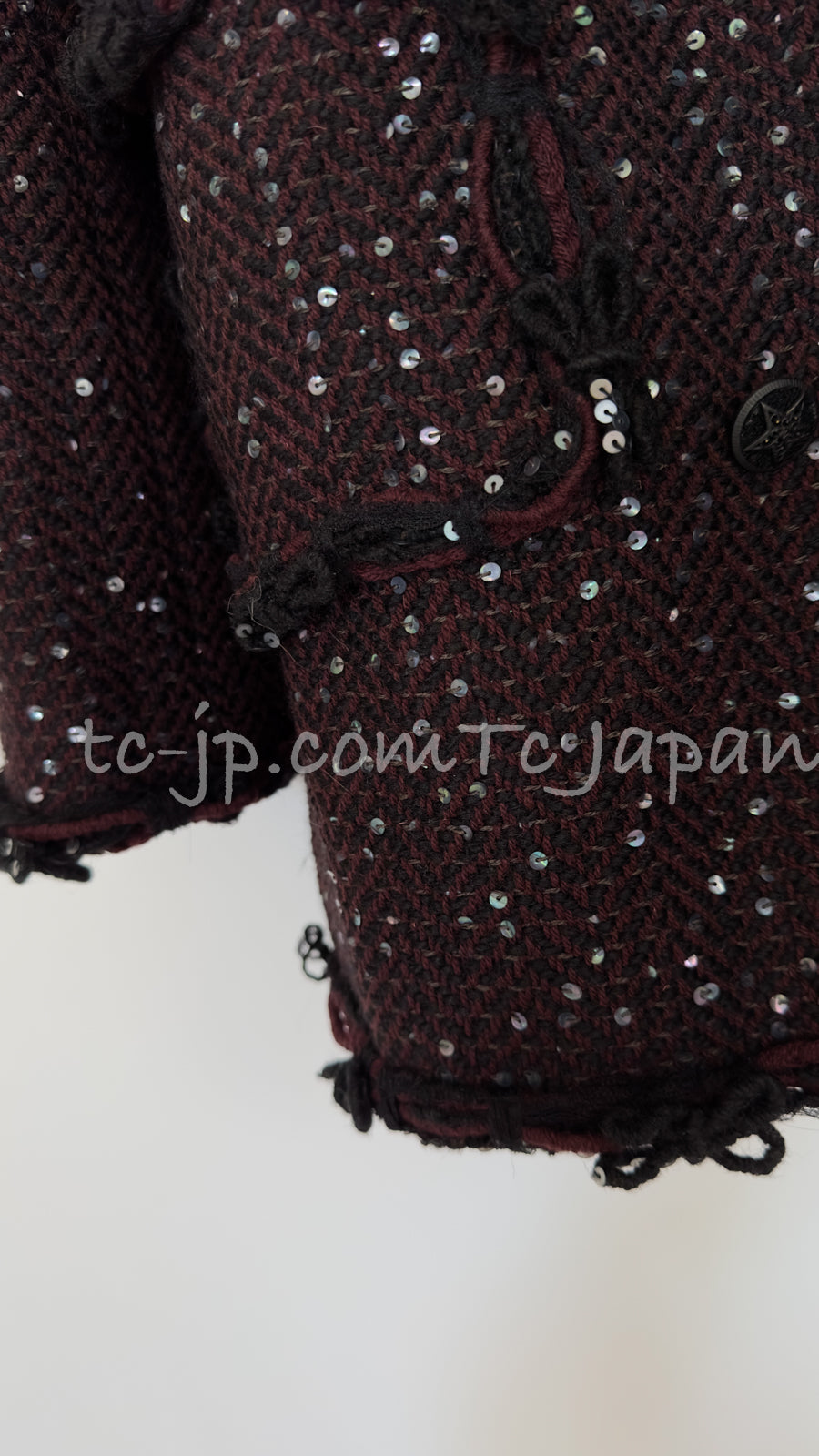 CHANEL 07PF Plum Burgundy Sequin Tweed Jacket Coat Skirt Suit 38 40 シャネル プラム バーガンディー スパンコール ツイード ジャケット コート スカート スーツ 即発