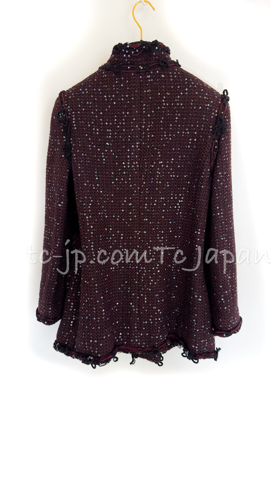CHANEL 07PF Plum Burgundy Sequin Tweed Jacket Coat Skirt Suit 38 40 シャネル プラム バーガンディー スパンコール ツイード ジャケット コート スカート スーツ 即発
