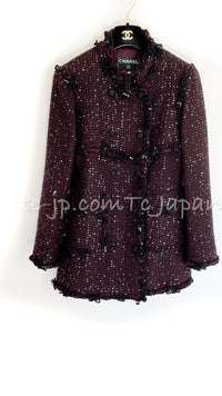 CHANEL 07PF Plum Burgundy Sequin Tweed Jacket Coat Skirt Suit 38 40 シャネル プラム バーガンディー スパンコール ツイード ジャケット コート スカート スーツ 即発