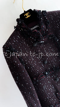 CHANEL 07PF Plum Burgundy Sequin Tweed Jacket Coat Skirt Suit 38 40 シャネル プラム バーガンディー スパンコール ツイード ジャケット コート スカート スーツ 即発