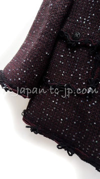 CHANEL 07PF Plum Burgundy Sequin Tweed Jacket Coat Skirt Suit 38 40 シャネル プラム バーガンディー スパンコール ツイード ジャケット コート スカート スーツ 即発