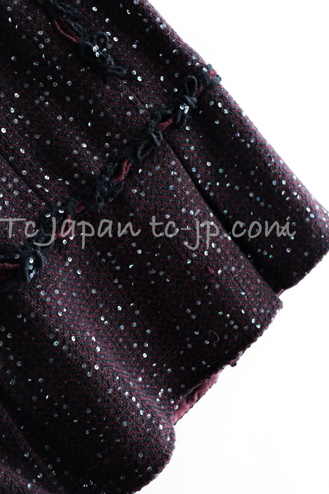 CHANEL 07PF Plum Burgundy Sequin Tweed Jacket Coat Skirt Suit 38 40 シャネル プラム バーガンディー スパンコール ツイード ジャケット コート スカート スーツ 即発