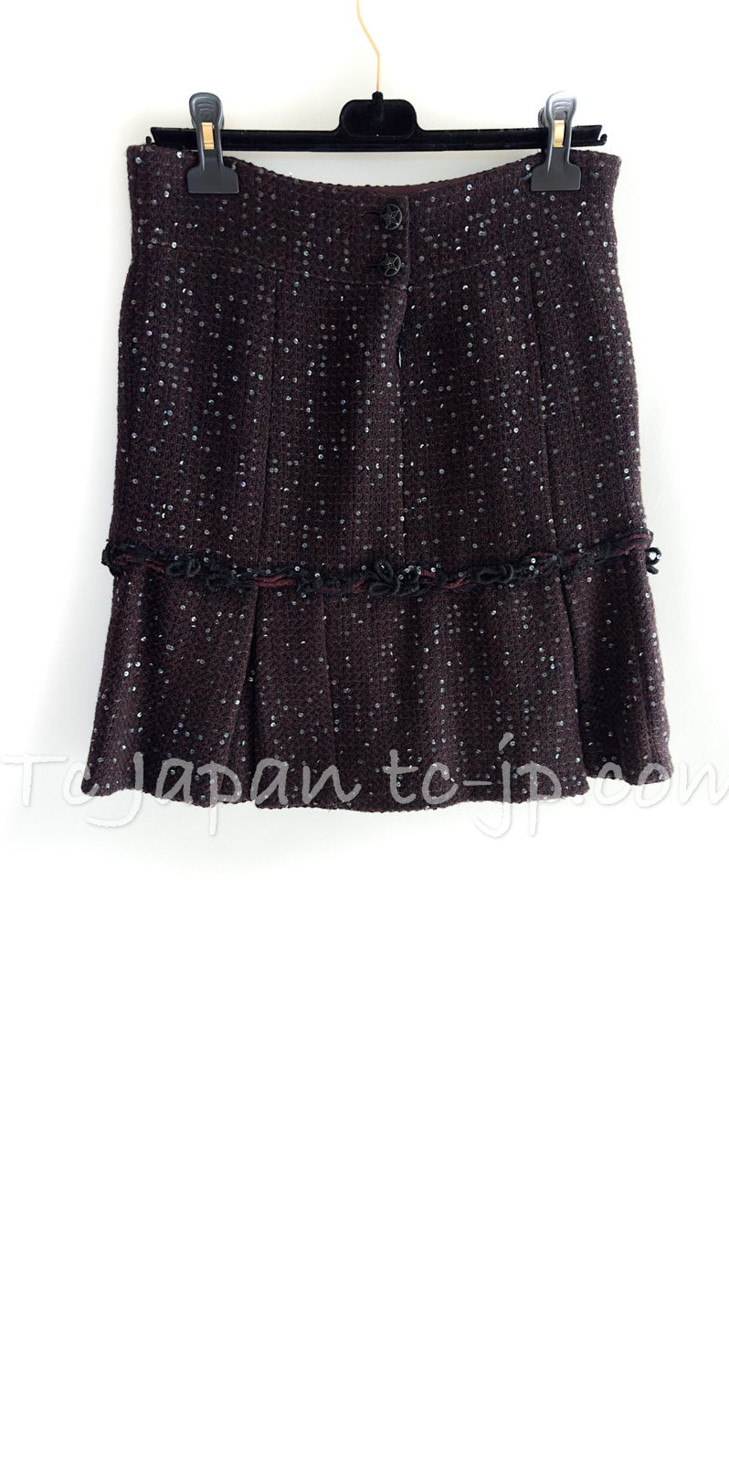 CHANEL 07PF Plum Burgundy Sequin Tweed Jacket Coat Skirt Suit 38 40 シャネル プラム バーガンディー スパンコール ツイード ジャケット コート スカート スーツ 即発