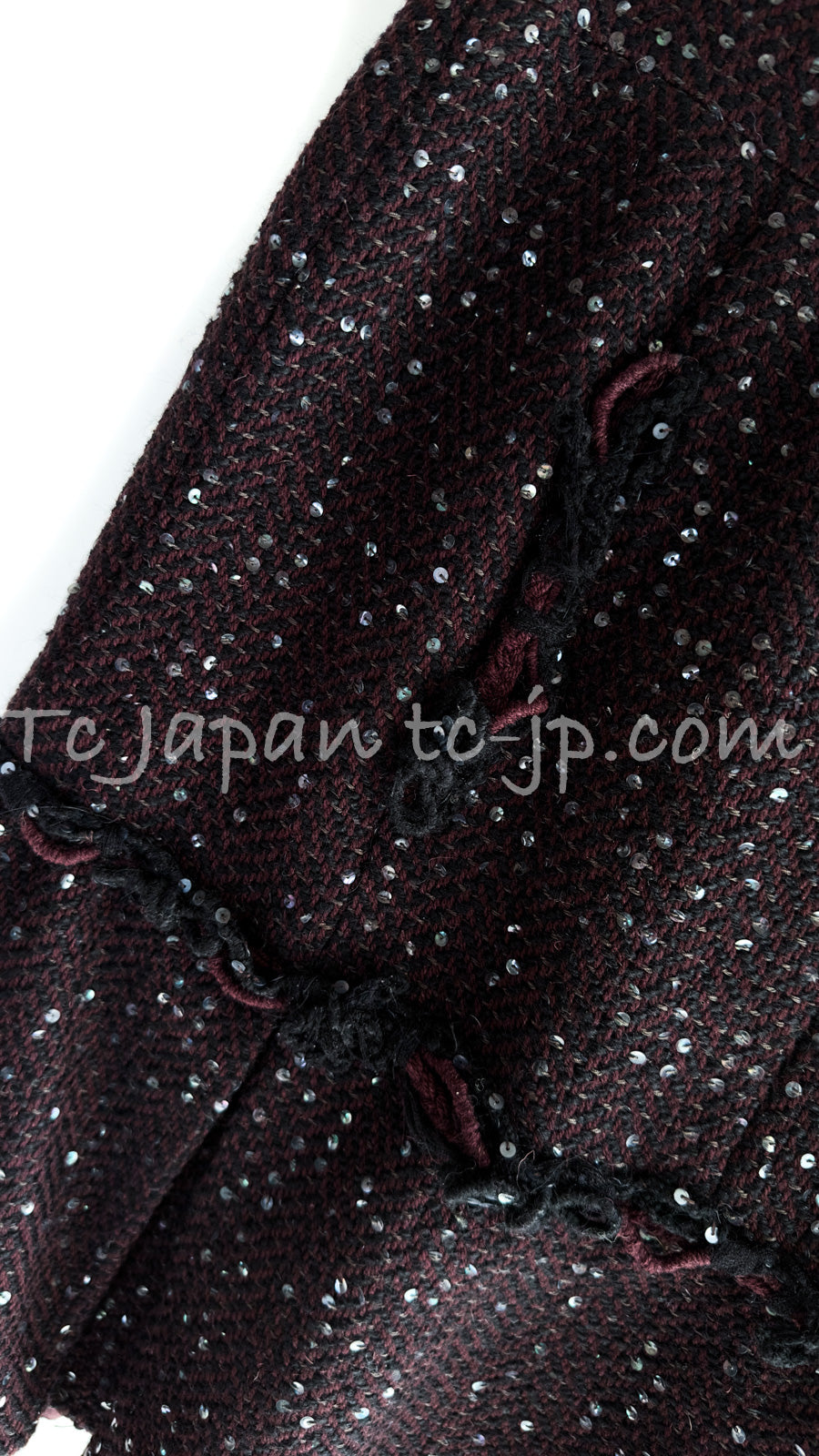 CHANEL 07PF Plum Burgundy Sequin Tweed Jacket Coat Skirt Suit 38 40 シャネル プラム バーガンディー スパンコール ツイード ジャケット コート スカート スーツ 即発