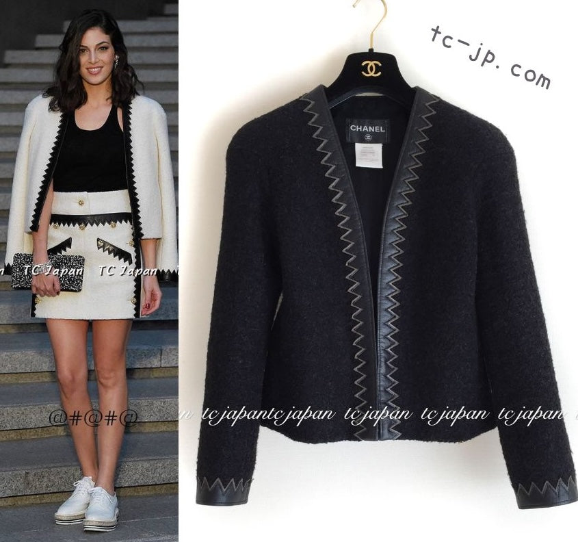 CHANEL 15PF Black Wool Mohair Leather Trim Collarless Jacket 34 シャネル ブラック ウール モヘア レザートリム ノーカラー ジャケット 即発
