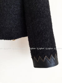 CHANEL 15PF Black Wool Mohair Leather Trim Collarless Jacket 34 シャネル ブラック ウール モヘア レザートリム ノーカラー ジャケット 即発