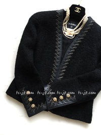 CHANEL 15PF Black Wool Mohair Leather Trim Collarless Jacket 34 シャネル ブラック ウール モヘア レザートリム ノーカラー ジャケット 即発