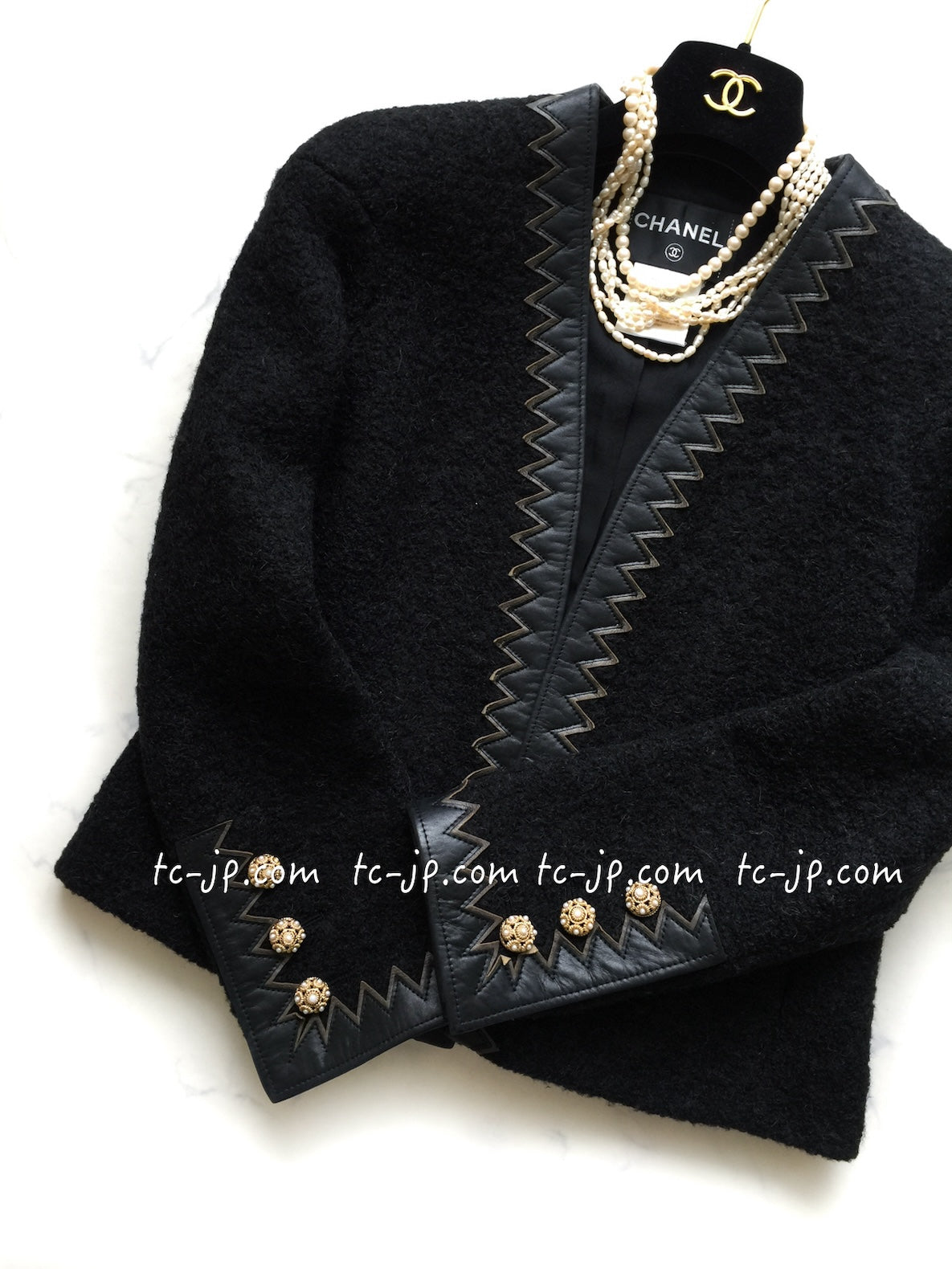 CHANEL 15PF Black Wool Mohair Leather Trim Collarless Jacket 34 シャネル ブラック ウール モヘア レザートリム ノーカラー ジャケット 即発
