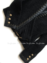 CHANEL 15PF Black Wool Mohair Leather Trim Collarless Jacket 34 シャネル ブラック ウール モヘア レザートリム ノーカラー ジャケット 即発