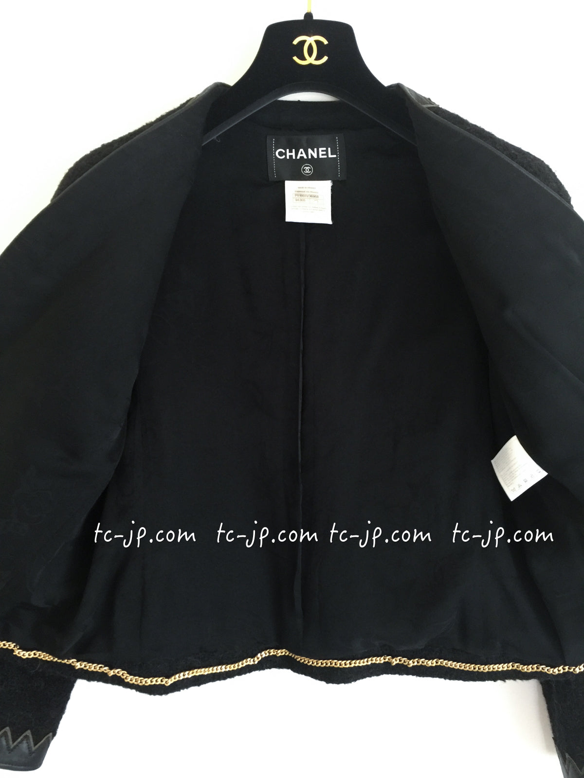 CHANEL 15PF Black Wool Mohair Leather Trim Collarless Jacket 34 シャネル ブラック ウール モヘア レザートリム ノーカラー ジャケット 即発