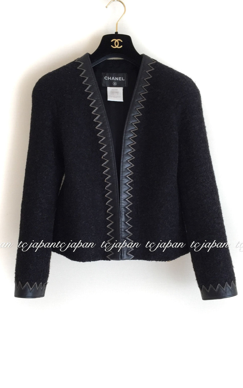 CHANEL 15PF Black Wool Mohair Leather Trim Collarless Jacket 34 シャネル ブラック ウール モヘア レザートリム ノーカラー ジャケット 即発