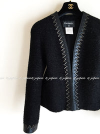 CHANEL 15PF Black Wool Mohair Leather Trim Collarless Jacket 34 シャネル ブラック ウール モヘア レザートリム ノーカラー ジャケット 即発