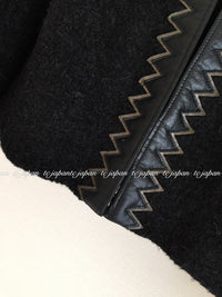 CHANEL 15PF Black Wool Mohair Leather Trim Collarless Jacket 34 シャネル ブラック ウール モヘア レザートリム ノーカラー ジャケット 即発