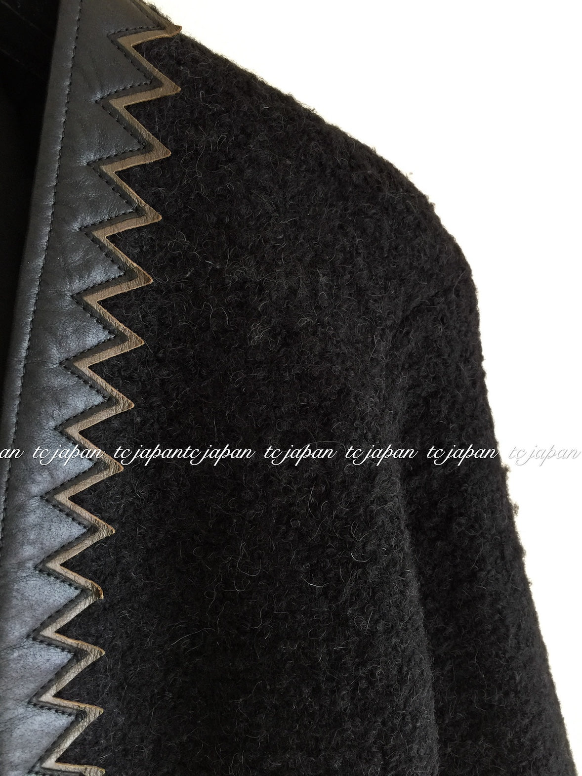 CHANEL 15PF Black Wool Mohair Leather Trim Collarless Jacket 34 シャネル ブラック ウール モヘア レザートリム ノーカラー ジャケット 即発