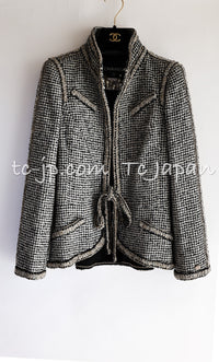 CHANEL 10C Black Ivory Gold Stand Collar Tweed Jacket Skirt Suit 34 40 シャネル ブラック アイボリー ゴールド スタンドカラー ツイード ジャケット スカート スーツ 即発