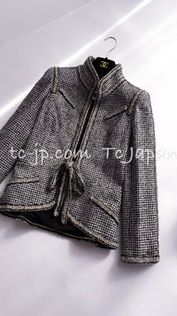 CHANEL 10C Black Ivory Gold Stand Collar Tweed Jacket Skirt Suit 34 40 シャネル ブラック アイボリー ゴールド スタンドカラー ツイード ジャケット スカート スーツ 即発