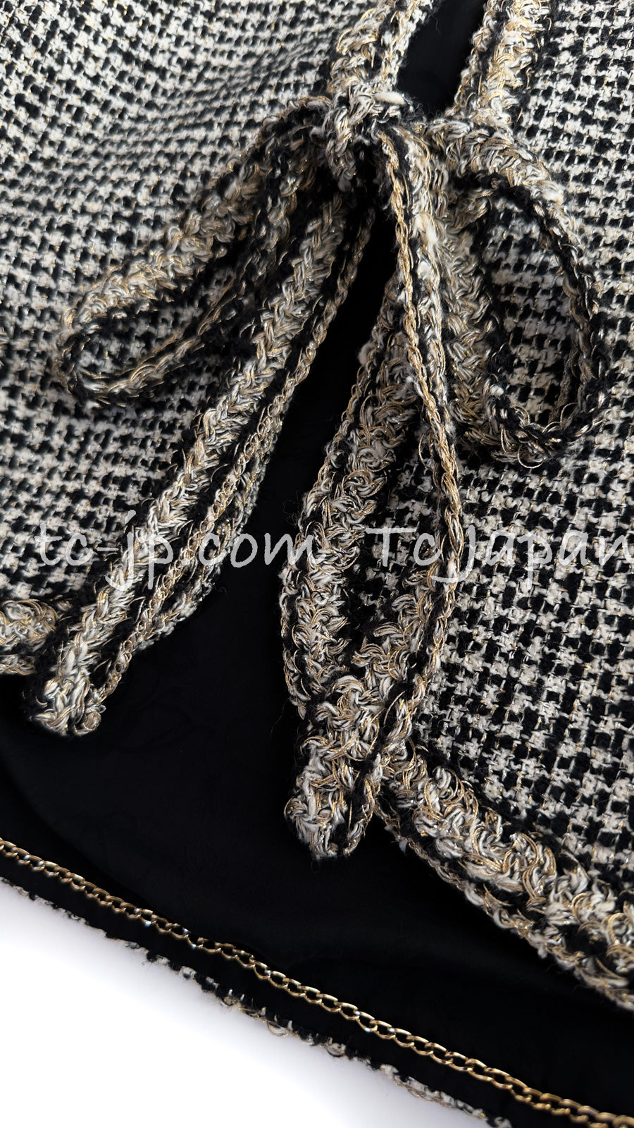 CHANEL 10C Black Ivory Gold Stand Collar Tweed Jacket Skirt Suit 34 40 シャネル ブラック アイボリー ゴールド スタンドカラー ツイード ジャケット スカート スーツ 即発
