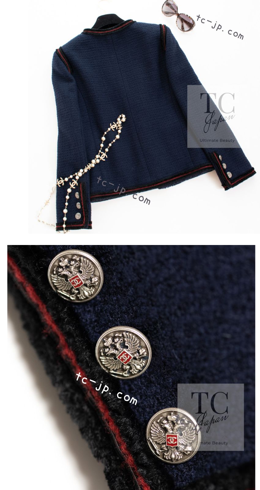 CHANEL 09PF Navy Black Red Trim Moscow Wool Tweed Jacket 38 シャネル ネイビー ブラック レッド トリム ロマノフ ウール ツイード ジャケット 即発