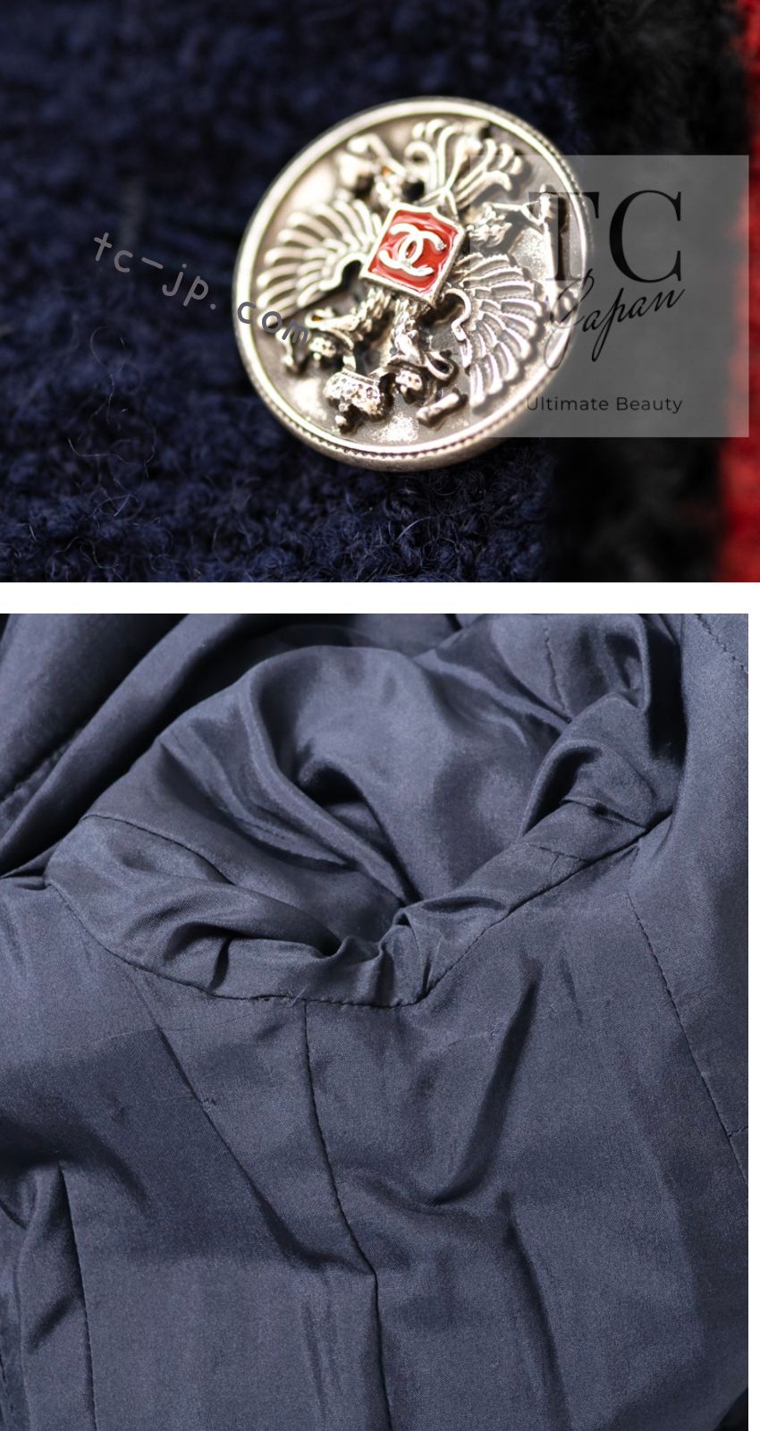 CHANEL 09PF Navy Black Red Trim Moscow Wool Tweed Jacket 38 シャネル ネイビー ブラック レッド トリム ロマノフ ウール ツイード ジャケット 即発
