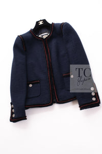 CHANEL 09PF Navy Black Red Trim Moscow Wool Tweed Jacket 38 シャネル ネイビー ブラック レッド トリム ロマノフ ウール ツイード ジャケット 即発