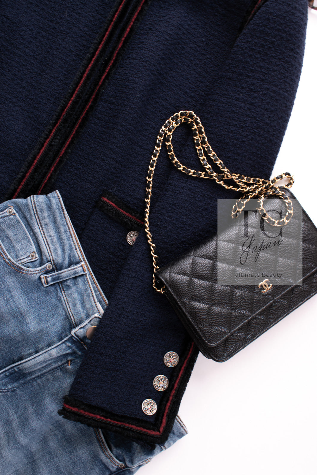 CHANEL 09PF Navy Black Red Trim Moscow Wool Tweed Jacket 38 シャネル ネイビー ブラック レッド トリム ロマノフ ウール ツイード ジャケット 即発