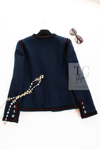 CHANEL 09PF Navy Black Red Trim Moscow Wool Tweed Jacket 38 シャネル ネイビー ブラック レッド トリム ロマノフ ウール ツイード ジャケット 即発