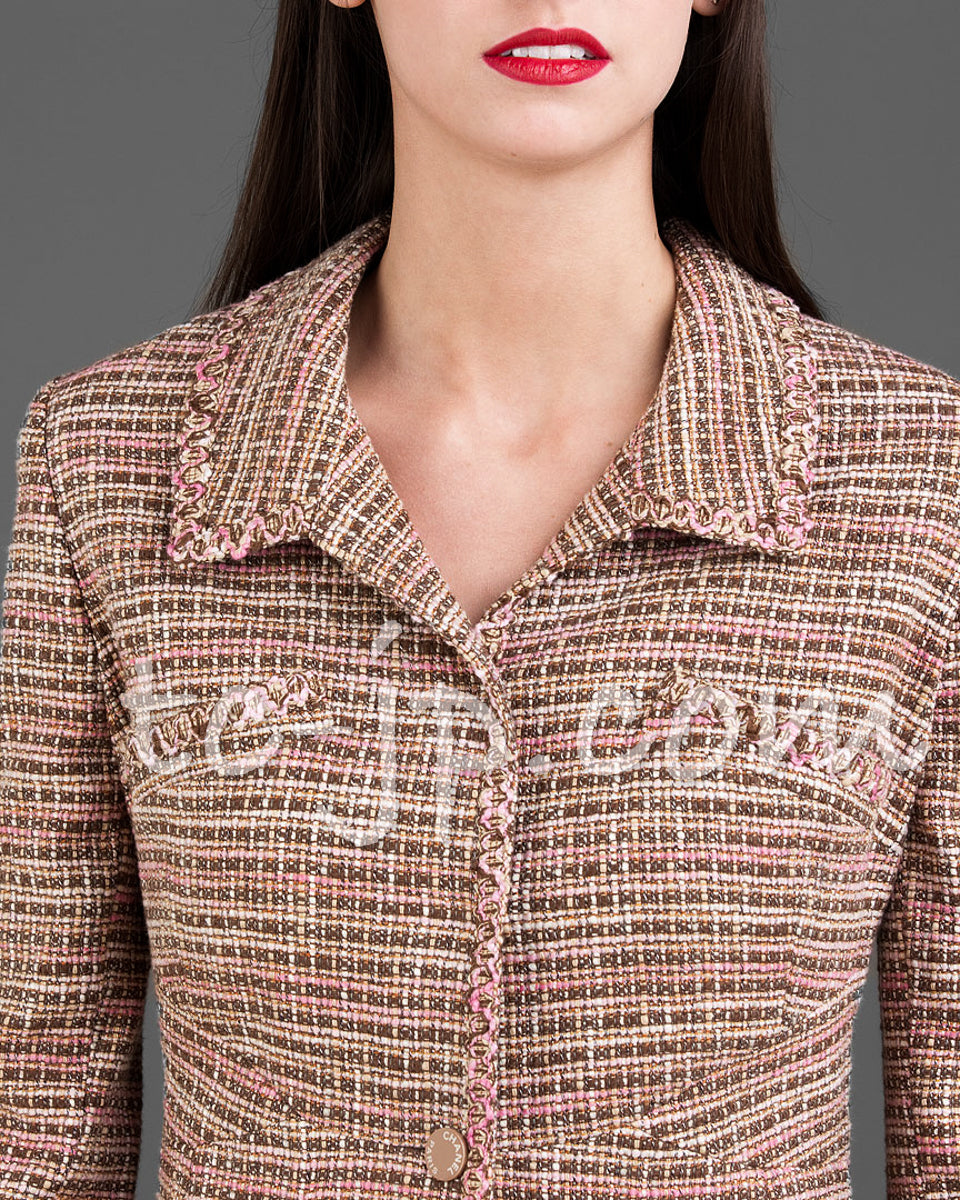CHANEL 03S Brown Pink Linen Cotton Tweed Jacket 38 シャネル ブラウン ピンク コットン ツイード ジャケット 即発