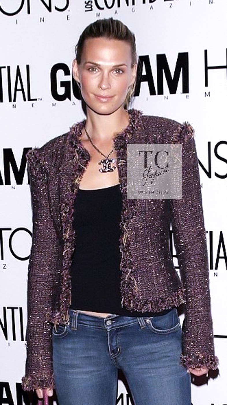 CHANEL 03A Purple Mixed Wool Mohair Fringe Tweed Jacket 38 シャネル パープル ミックス ウール モヘア フリンジ ツイード ジャケット 即発