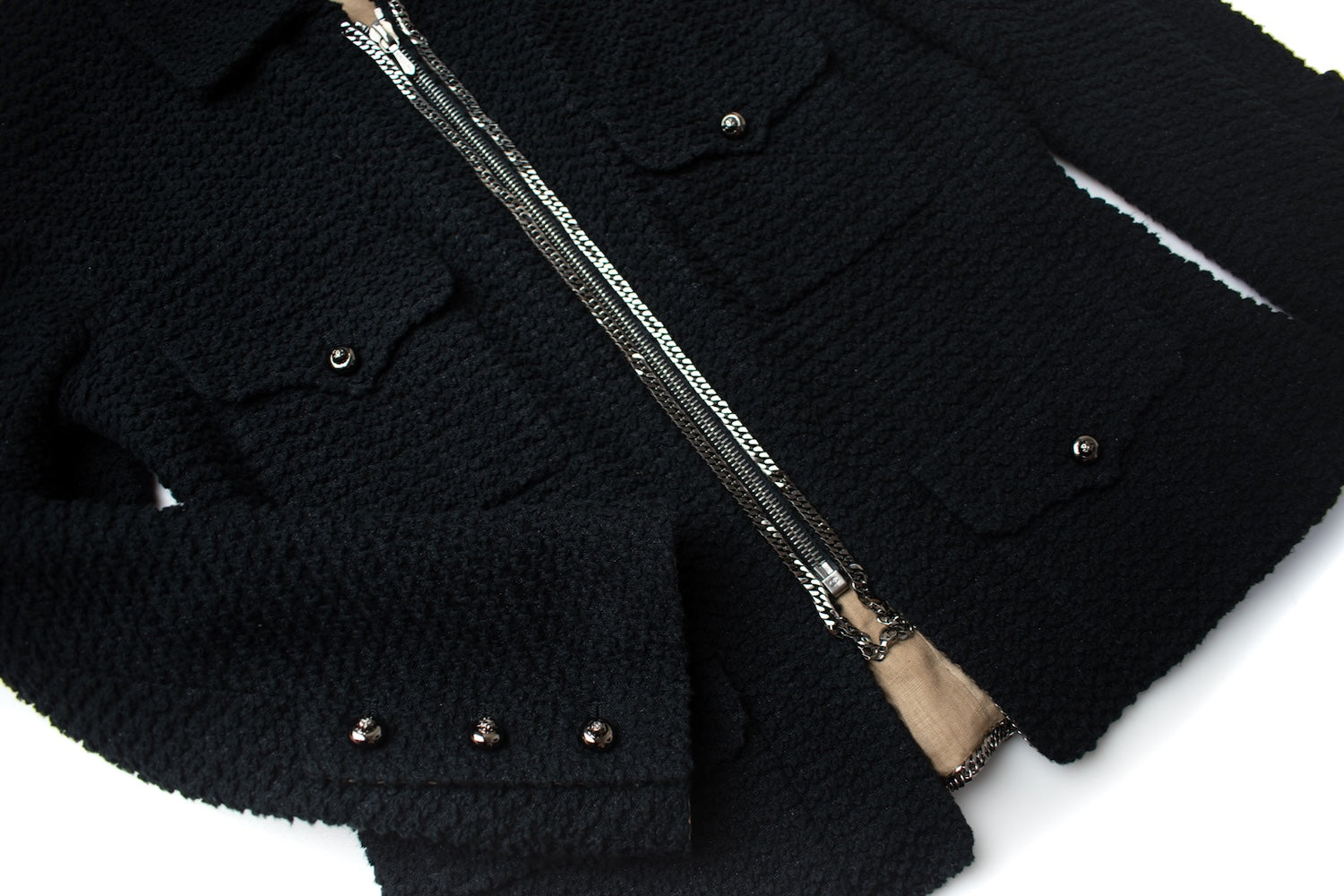 CHANEL 11S Black Chain Trimming Zipper Cotton Jacket 38 シャネル ブラック チェーントリム ジッパー コットン ジャケット 即発