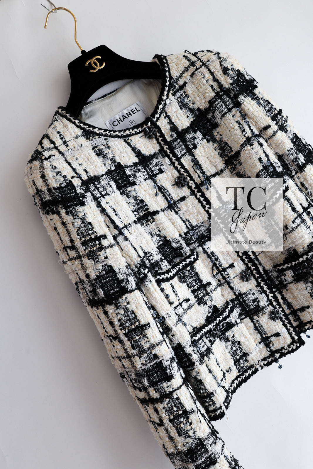 CHANEL 06PF Black Ivory Gripox Buttons Lesage Tweed Jacket 38 シャネル アイボリー ブラック グリポワ 宝石 ボタン ルサージュ ツイード ジャケット 即発