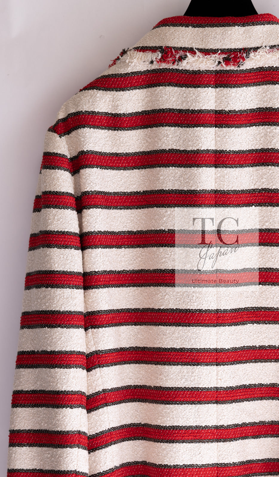 CHANEL 08S White Red Silk Cotton Stripe Border Jacket 50 シャネル ホワイト レッド シルク コットン ストライプ ボーダー ジャケット 即発
