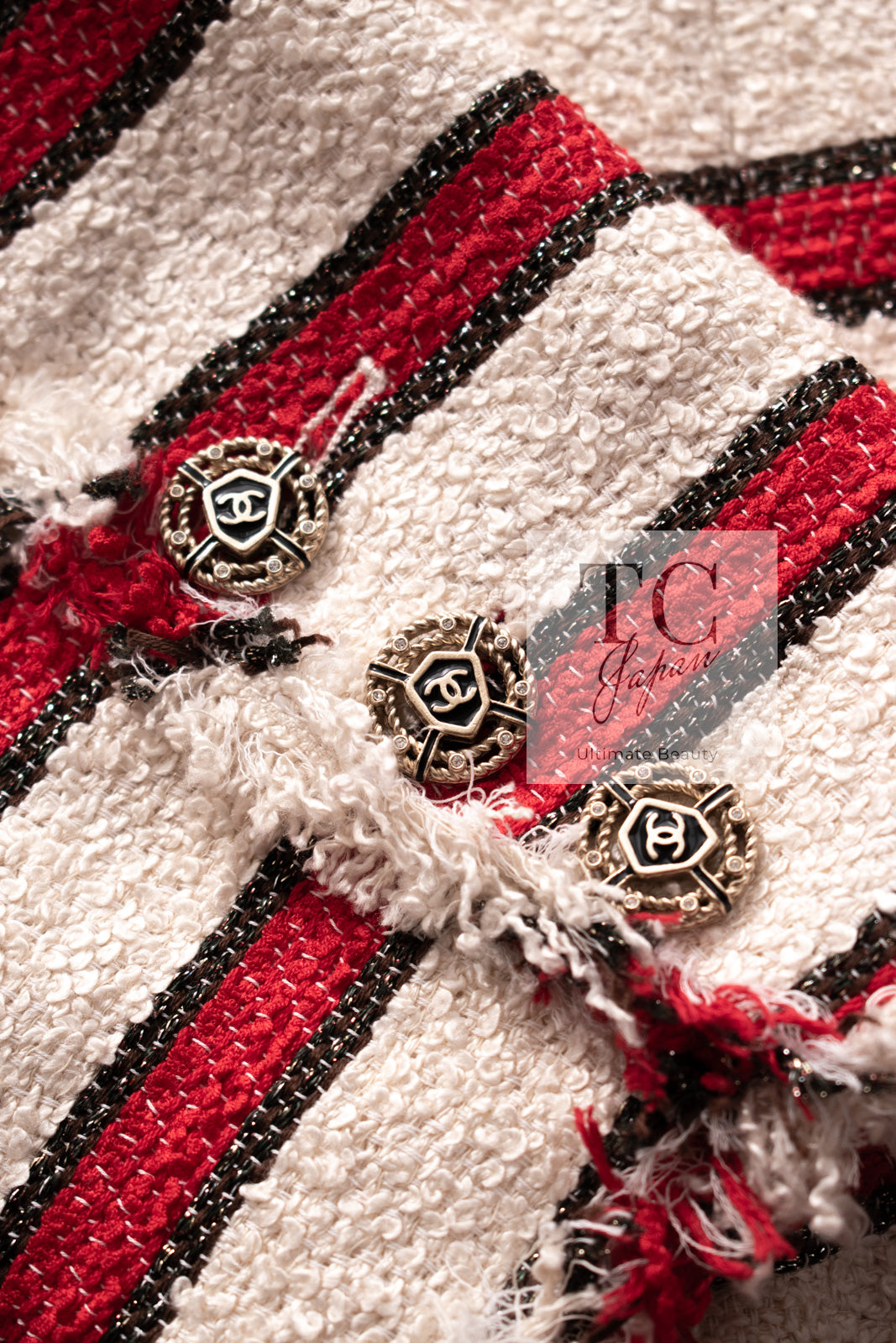 CHANEL 08S White Red Silk Cotton Stripe Border Jacket 50 シャネル ホワイト レッド シルク コットン ストライプ ボーダー ジャケット 即発