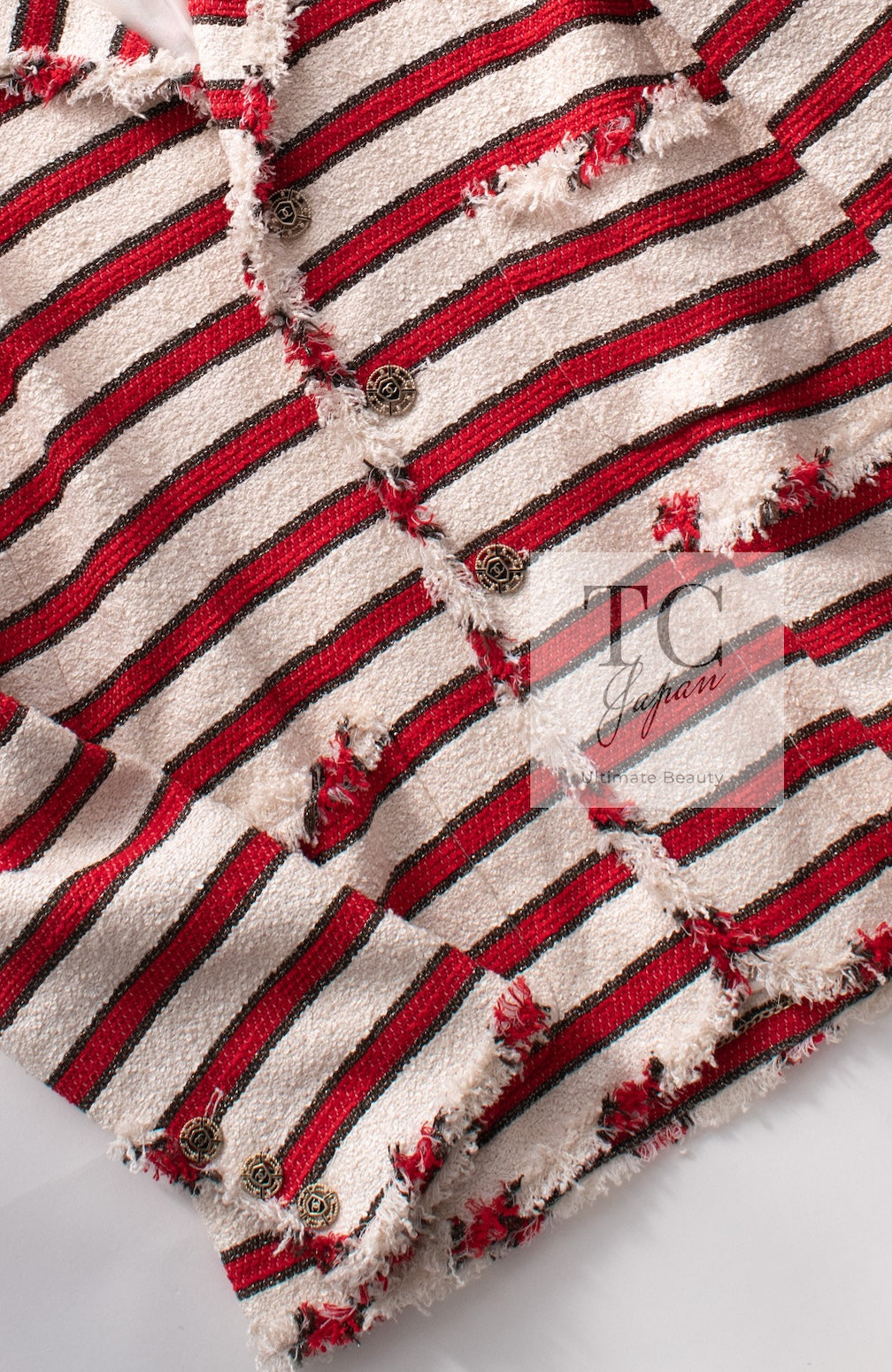 CHANEL 08S White Red Silk Cotton Stripe Border Jacket 50 シャネル ホワイト レッド シルク コットン ストライプ ボーダー ジャケット 即発