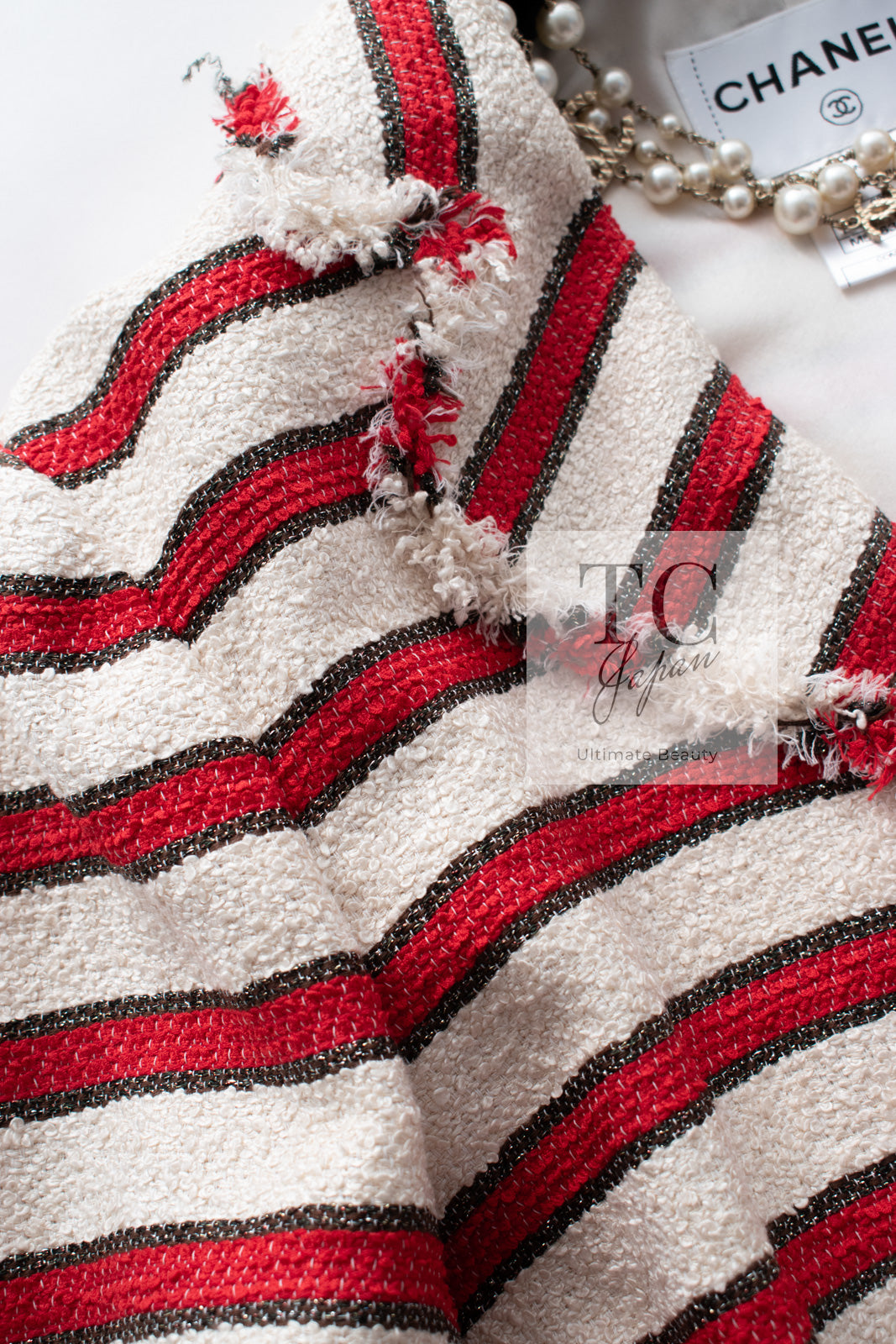 CHANEL 08S White Red Silk Cotton Stripe Border Jacket 50 シャネル ホワイト レッド シルク コットン ストライプ ボーダー ジャケット 即発